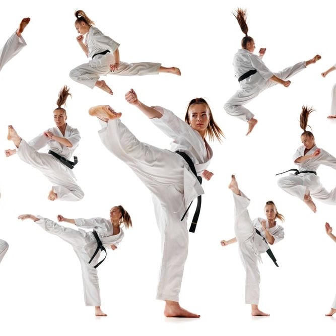 Woman,In,White,Sport,Karate,Uniform,With,Black,Belt,Training